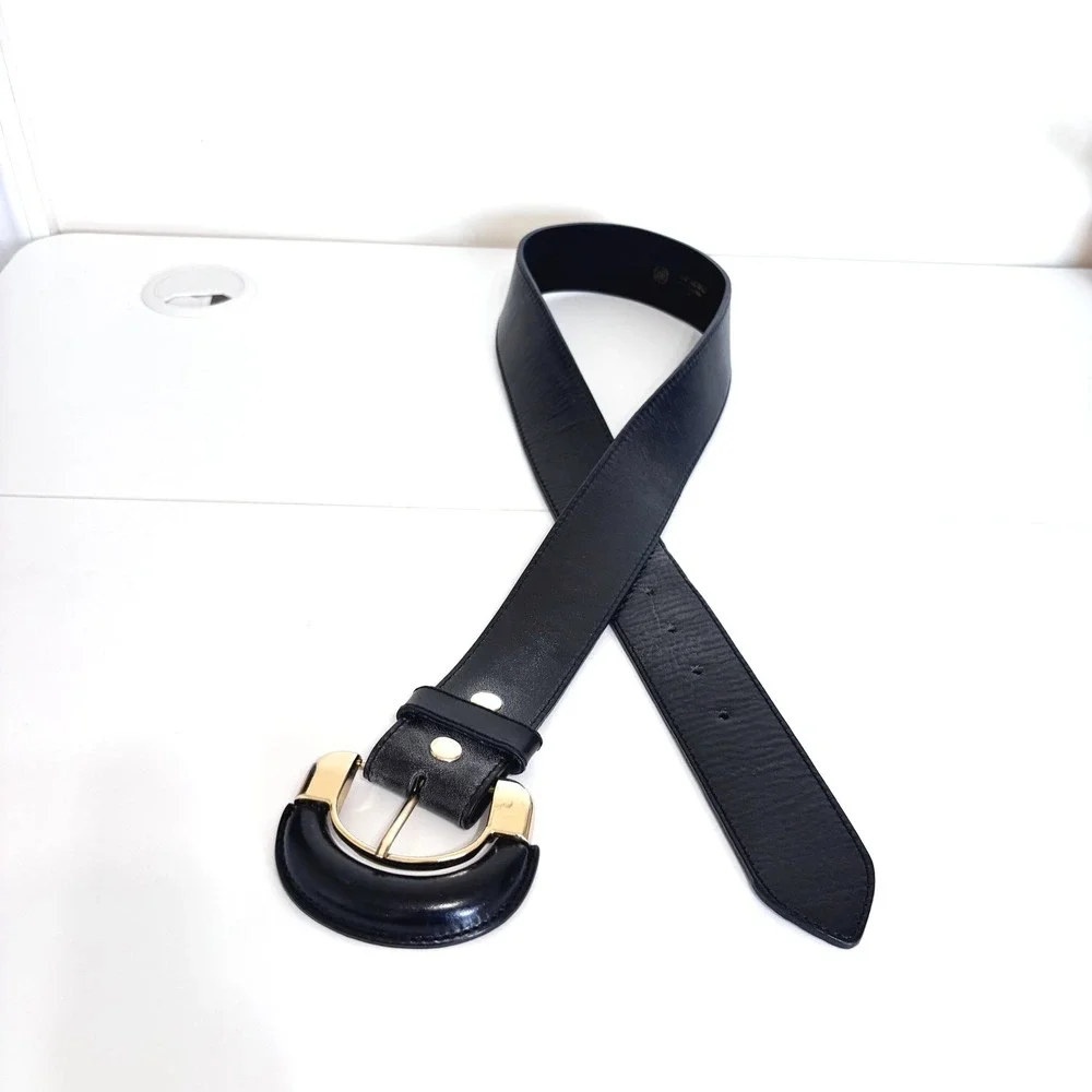 B-Low The Belt Womens Oversized Horseshoe Buckle Leather Belt Medium Black Gold